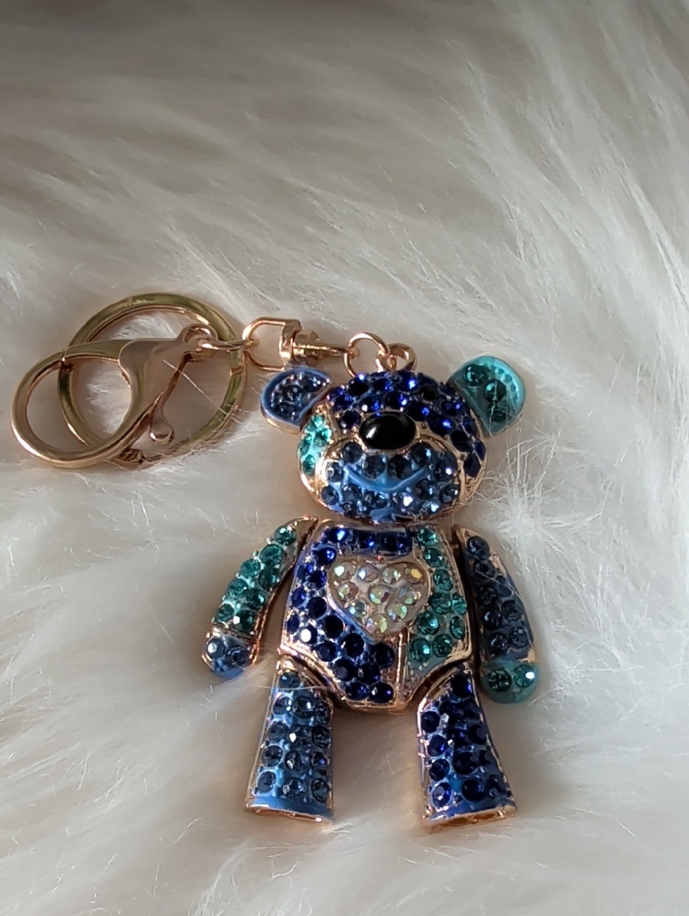 Rhinestone Teddy Bear Keychain - Blue & Teal